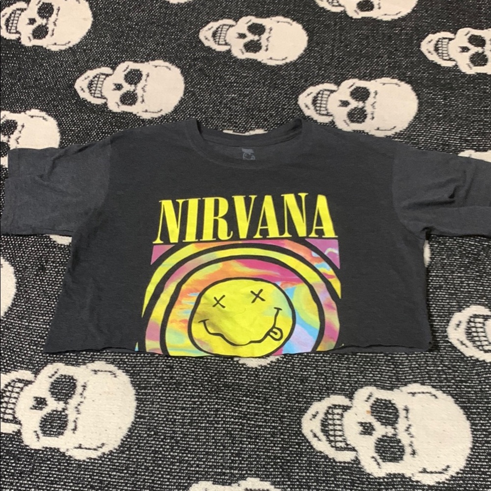 NIRVANA Gray and Yellow Crop Top with Iconic Smiley Face